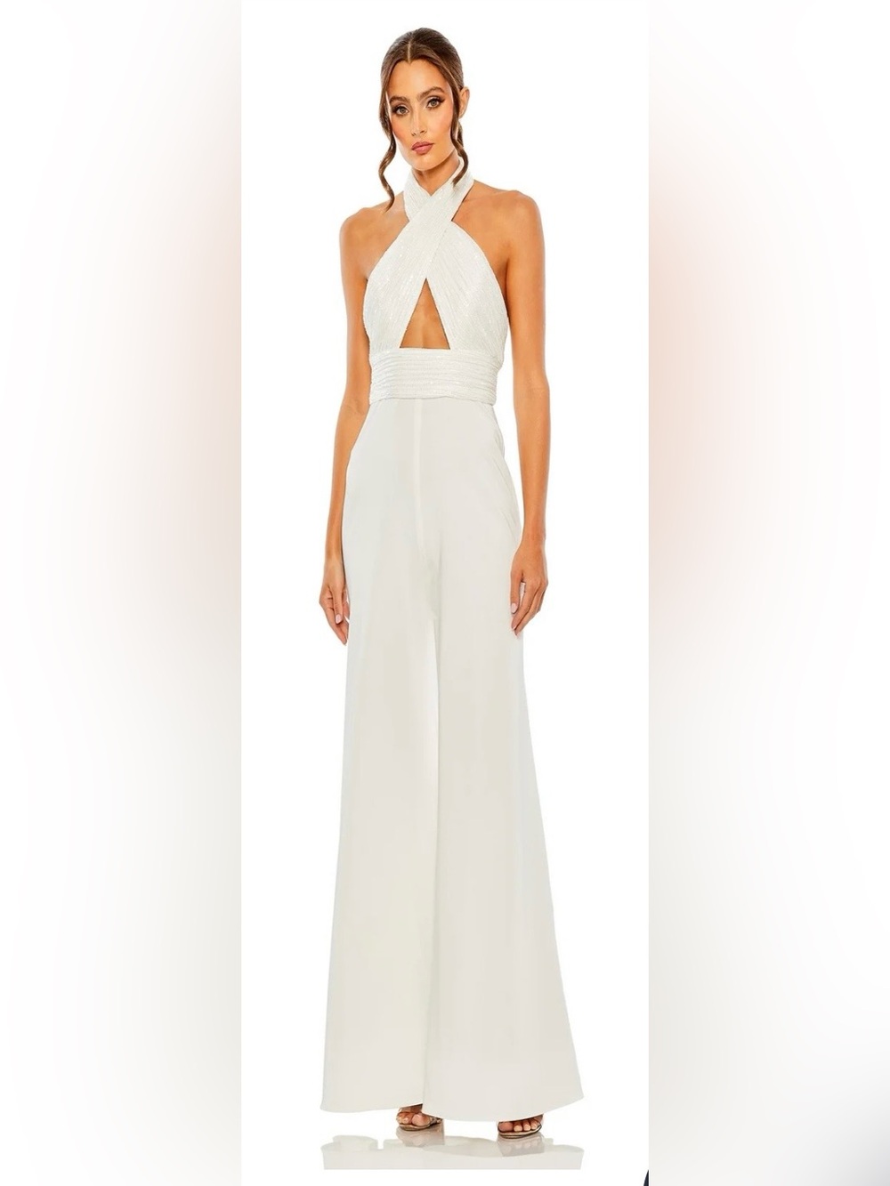 NWT Mac Duggal (11666 ) White Cross Halter Wide Leg Jumpsuit Size 6